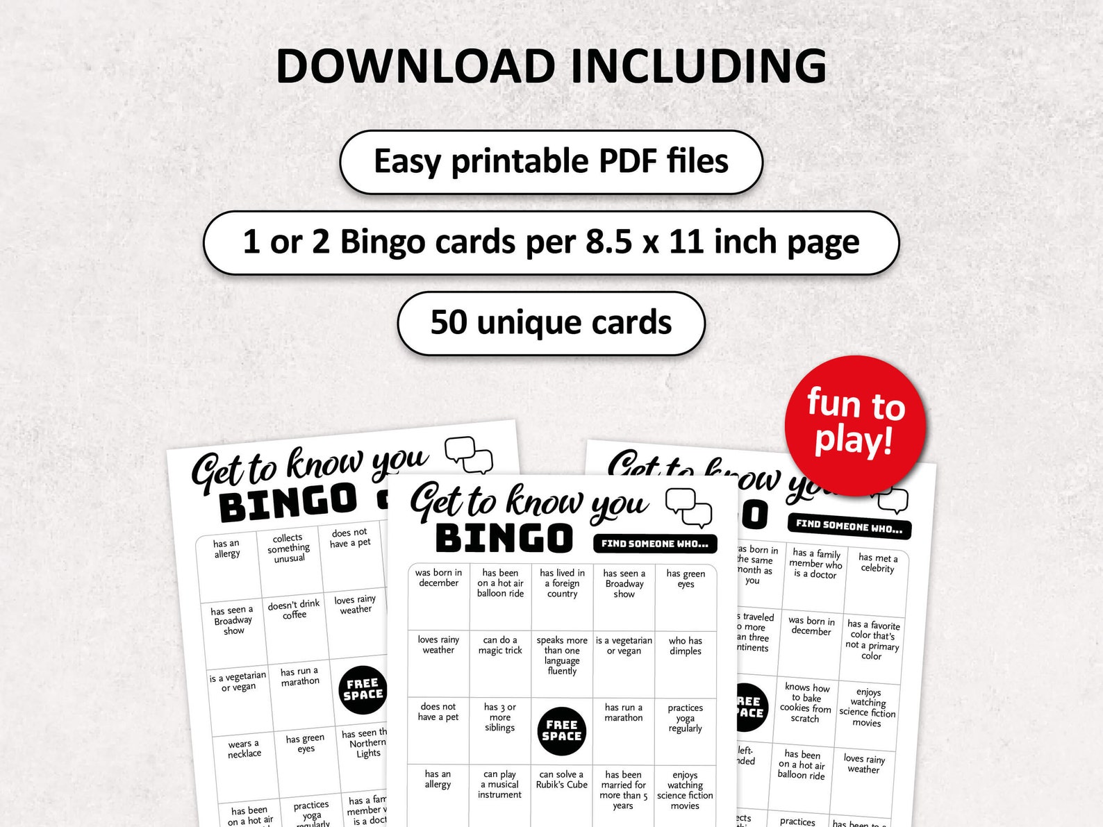 Get to Know You Bingo, 50 Human Bingo Cards, Icebreaker Office Party