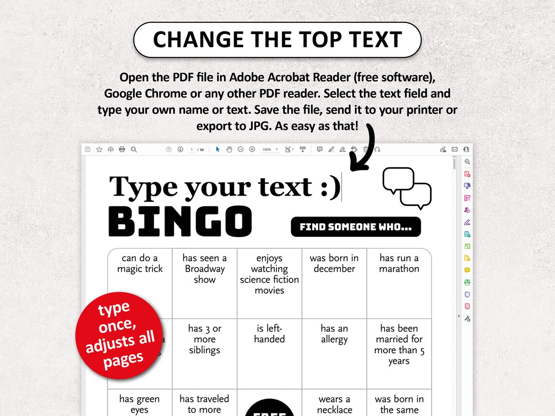 Personalized Office Bingo, 50 Human Bingo Cards, Icebreaker Party Game