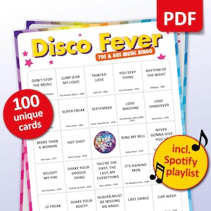 Bingo con música disco, 100 cartones de bingo + lista de reproducción de Spotify, juego de fiesta de cumpleaños, juegos para una noche de chicas, actividades de team building de los 70 y 80, actividad en un bar con amigos