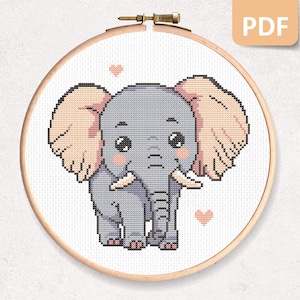 Padrão de ponto cruz contado de elefante fofo, padrão pequeno e fácil de ponto cruz, gráfico PDF de download instantâneo, para presente de berçário de bebê