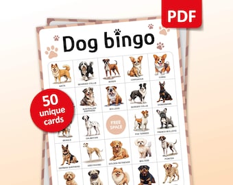 Dog Bingo, 50 Dog Bingo Cards, Birthday Activities, Kids Animal Party Game, Dog breeds party game, Pets Classroom Activities, Printable Gift