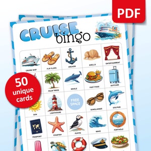 Bingo de croisière, 50 cartes de bingo pour les vacances en croisière, Activités de voyage, Jeu de croisière pour enfants et adultes, Activités d'anniversaire, Jeux à imprimer