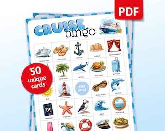 Bingo de crucero, 50 tarjetas de bingo de vacaciones en crucero, actividades de viaje, juego de fiesta de crucero para niños y adultos, actividades de cumpleaños, juegos imprimibles
