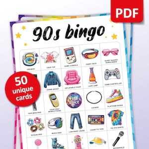 Bingo per feste anni '90, 50 cartelle bingo uniche, divertente gioco per feste anni '90, attività stampabile, addio al nubilato anni '90, serata di giochi estetici anni '90