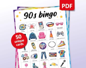90s Party Bingo, 50 unique Bingo Cards, Fun 90&#39;s Party Game, Printable Activity, 90s Bachelorette Party, 1990 Aesthetic Game Night