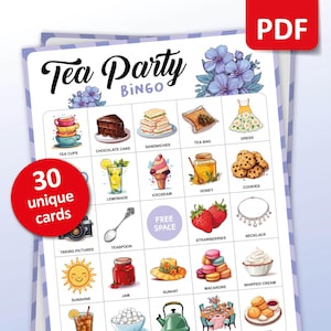 Bingo para la fiesta del té, 30 tarjetas de bingo, actividades de cumpleaños, juego de fiesta de amigas, actividad para despedida de soltera y de soltera, juegos divertidos para imprimir