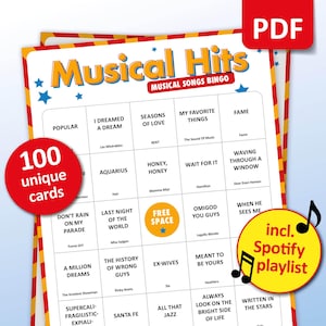 Bingo musical, 100 cartones de bingo + lista de reproducción de Spotify, juego de fiesta de cumpleaños de Broadway, despedida de soltera en un musical de teatro, actividad de coro de amigos
