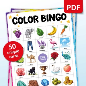 Bingo de colores, 50 tarjetas de bingo de colores, actividades de jardín de infantes, juego de fiesta imprimible para niños, aprendizaje en el hogar, escuela primaria en el aula
