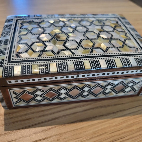 Original Egyptian wooden box with mother-of-pearl and stone mosaic