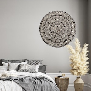 Hand-Painted Mandala &quot;Lunar Blossom&quot; – Textured Acrylic on Wood – Boho Zen Wall Art – Mirror Accents – Meditative Painting – Gift Idea