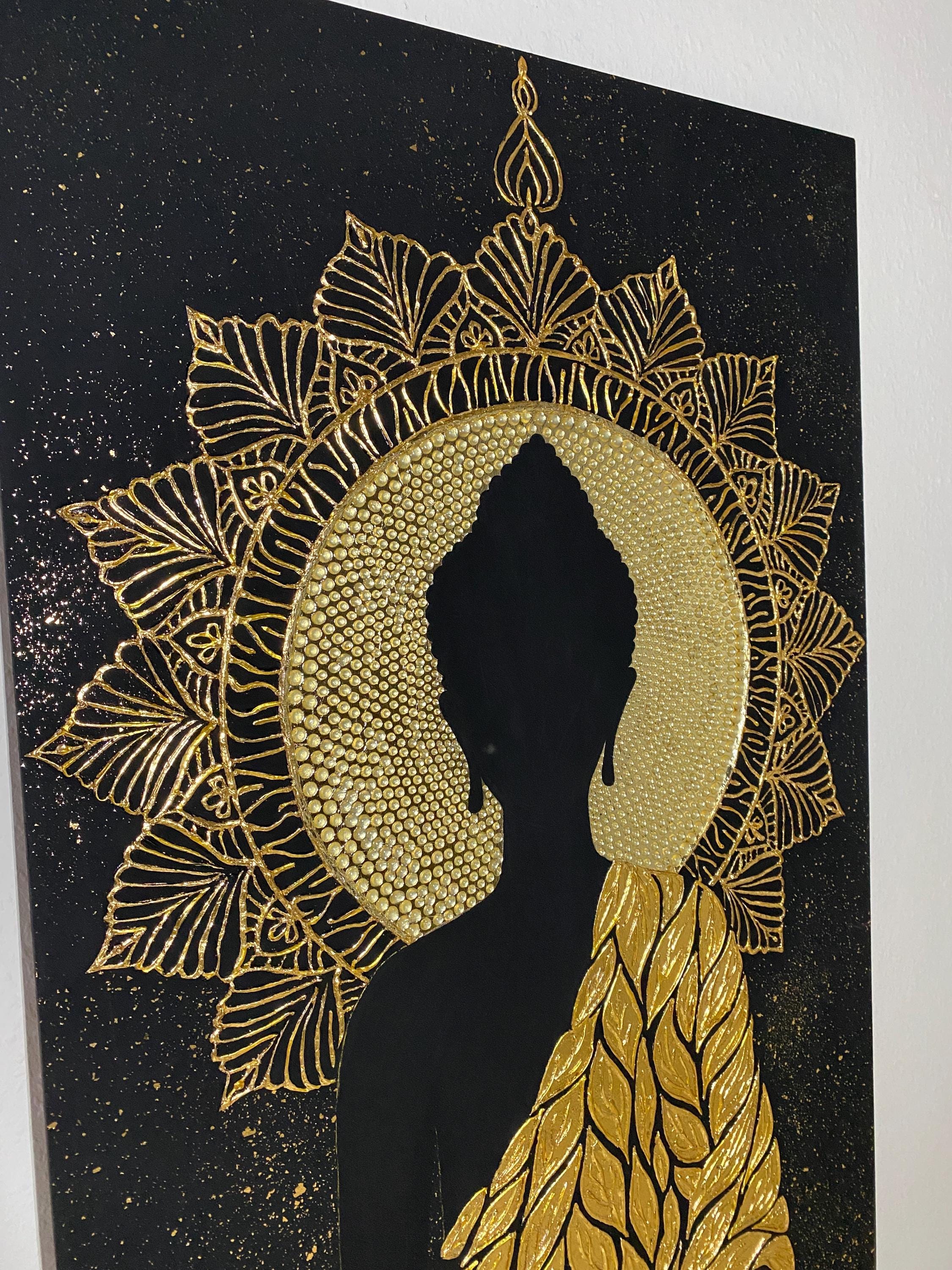 Golden Buddha Wall Art – Large Spiritual Boho Painting With Gold Leaf ...