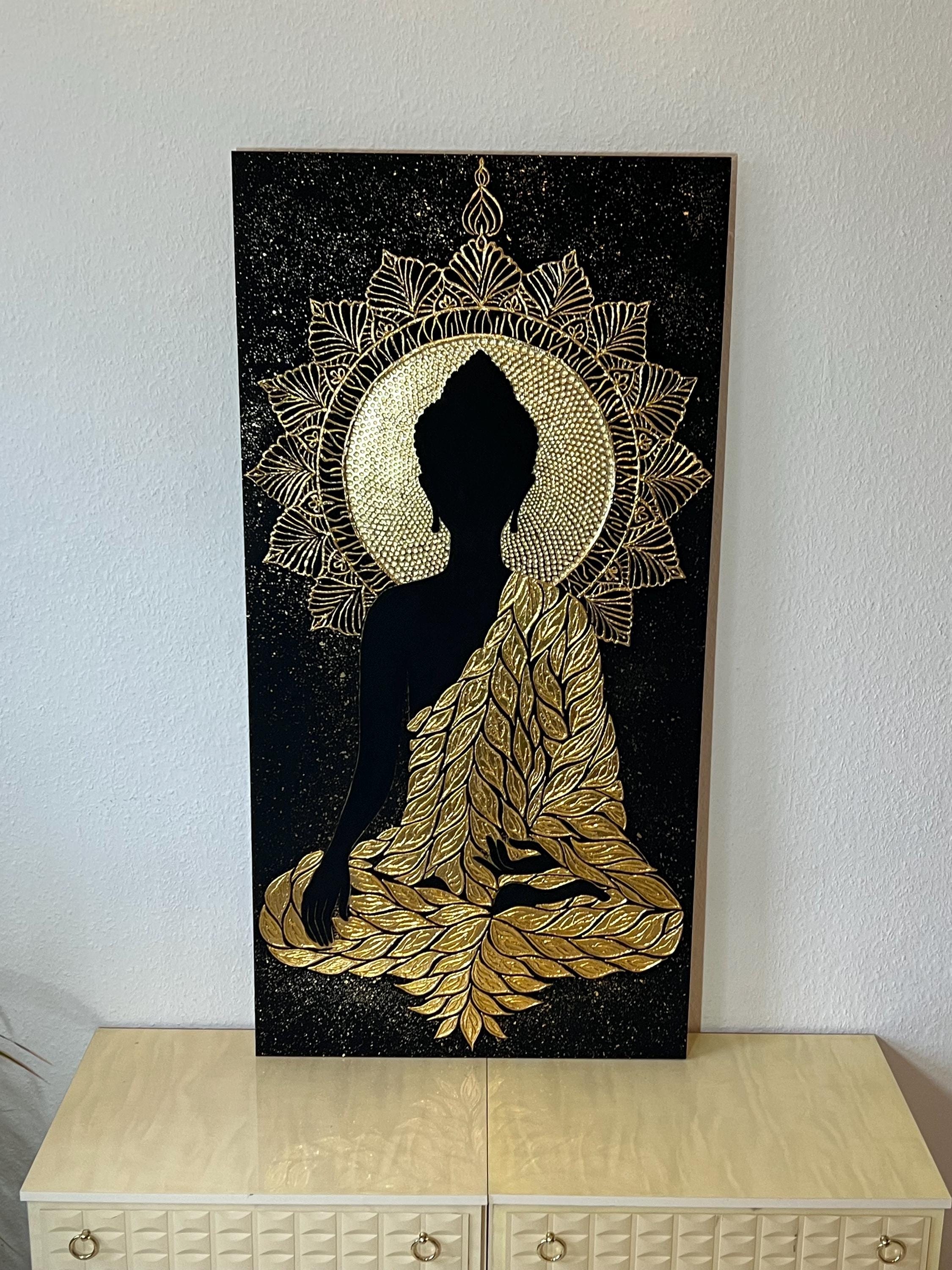 Golden Buddha Wall Art – Large Spiritual Boho Painting With Gold Leaf ...