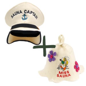 SAUNA GURU Set of Captain and Miss Sauna Hat, 100% Organic Wool Felt Sauna Cap, Banya Hat Hair Protector, Sauna Room Accessory, Sauna Gift