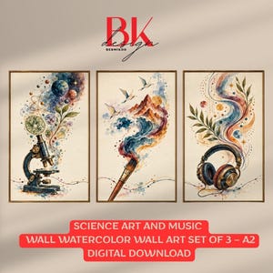 Science Art and Music Watercolor Wall Art Set of 3, Art, Music Watercolor ,Creative Learning Classroom Prints, A2 Digital Download