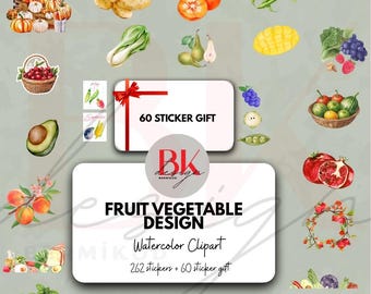 Adesivos de frutas e vegetais em aquarela: 322 clipart PNG (download digital)