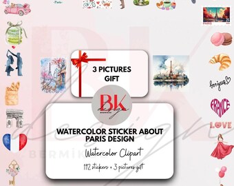 Watercolor Paris Clipart, Eiffel Tower, France Stickers (192 PNG + Bonus)