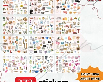 May include: A set of 373 watercolor stickers featuring various home-related items, including furniture, kitchenware, plants, and more. The stickers are arranged in a grid pattern on a white background. The text "Everything About Home" is displayed in a yellow starburst shape at the bottom right corner of the image.