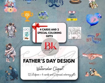Father's Day Watercolor Clipart Bundle: 125+ Stickers, 4 Cards (Digital Download)
