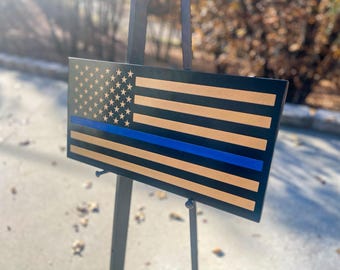 Rustic Thin Blue Line Wooden American Flag Sign - Handmade Law Enforcement Tribute Decor