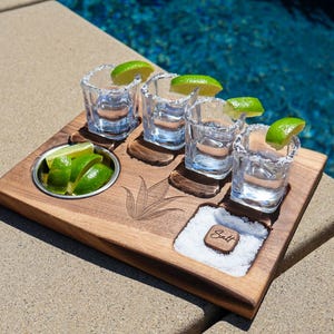 Tequila Shot Flight Board with Stainless Steel Lime Bowl and 4 Premium Square Shot Glasses Included, Personalized Shot Board, Tequila Flight