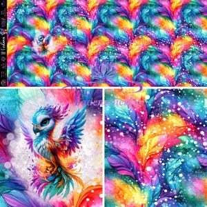 Könnte beinhalten: Ein Stoffpanel mit einem lebendigen, mehrfarbigen Muster aus stilisierten Federn in Blau-, Lila-, Gelb- und Rosatönen. Das Design enthält eine zentrale Illustration eines kleinen, geflügelten Wesens mit großen Augen und buntem Gefieder.