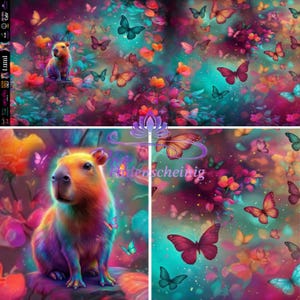 Könnte beinhalten: Ein lebendiger Stoffdruck mit einem regenbogenfarbenen Wasserschwein, umgeben von zahlreichen Schmetterlingen in Rosa-, Orange-, Blau- und Violetttönen. Der Hintergrund ist ein buntes, ätherisches Blumenmuster mit leuchtenden Lichteffekten und dem Text Lumi.