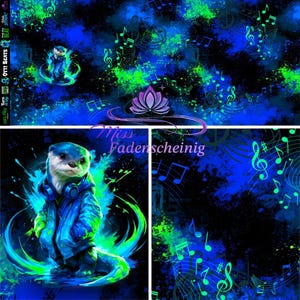 Könnte beinhalten: Ein Stoffpanel mit einem wiederkehrenden Muster eines Otters in blauer Jacke und Kopfhörern, umgeben von neongrünen Musiknoten und Wirbeln auf dunkelblauem und schwarzem Hintergrund, mit dem Text Miss Fadenscheinig.