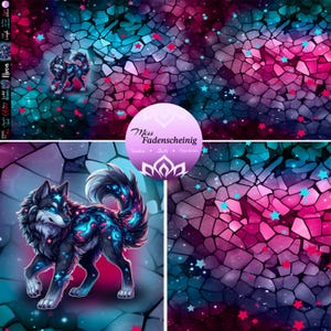 Könnte beinhalten: Digitales Kunstwerk mit einem Wolf mit Sternenmuster, vor einem Mosaikhintergrund in Rosa, Blau und Lila. Das Bild enthält den Text "Miss Fadenscheinig" in einem kreisförmigen Design mit verstreuten Sternen.