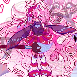 May include: A digital illustration of a character with pink and red fur, wearing a dark purple top and a red skirt. The character holds a paintbrush and scrolls, with hearts floating in the background. The artwork has a cartoonish style.