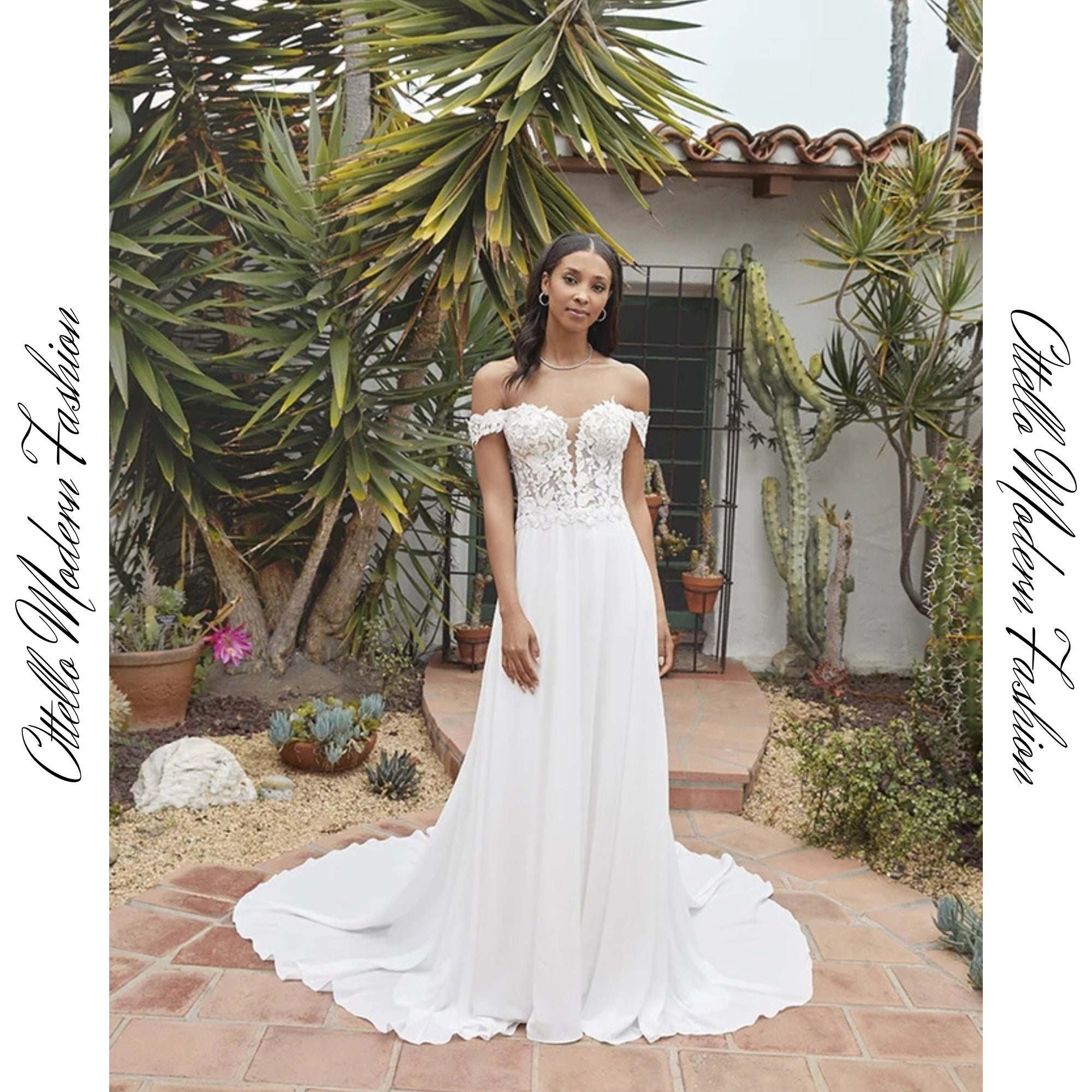 Off-the-Shoulder Wedding Jumpsuit with Lace Train