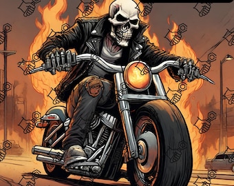 Flaming Skull Rider Harley Davidson Rides - Harley Davidson Jpeg - Skull Rider Jpeg - 300 DPI - Digital Download - Gift for Harley Lovers