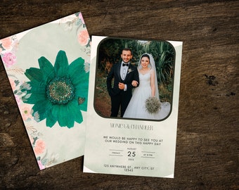 Photo Wedding Invitation Template - Green & Flowers Themed Invite - Customizable - Minimalist Invitations - DIY - Editable in Canva