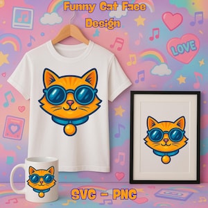 Cool Cartoon Cat with Sunglasses & Necklace SVG PNG – Funny Cat Face Digital Download for T-Shirts, Mugs and Stickers