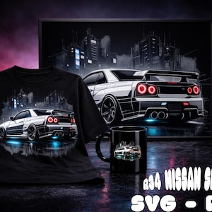 Nissan Skyline R34 SVG PNG, JDM Neon Drift Car Design (Instant Download)