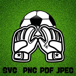 以下が含まれることがあります： サッカーボールを持ったゴールキーパーグローブの白黒イラスト。グローブには「GK」の文字が書かれている。画像は緑の芝生の背景に設定されている。
