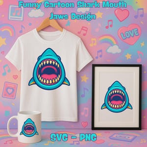 Lustige Cartoon Hai Mund Kiefer T-Shirt Design SVG PNG, Haifischzähne Vektor Clipart, Sofort Download