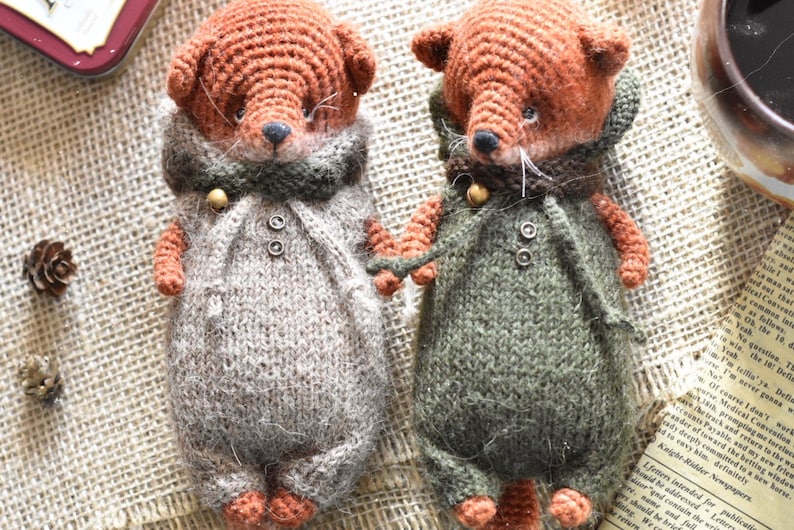 Op de afbeelding: Twee handgemaakte vossenpoppen, elk met een gebreide jumpsuit en sjaal. De ene pop is grijs, de andere groen. Ze houden elkaars hand vast en tonen hun gedetailleerde vakmanschap. De poppen hebben oranje vacht en knopen.