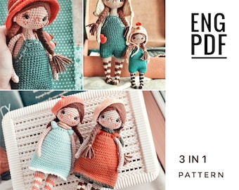 3 crochet patterns in 1: Doll in dress crochet pattern. Outfit for a doll crochet pattern. Brim hat crochet pattern. PDF. English.