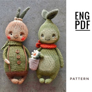 May include: Crochet pattern for two amigurumi toys, an onion and a pear, both with smiling faces and wearing clothes. The onion is wearing a green shirt with brown overalls and buttons. The pear is wearing a red scarf and holding a flower pot with a white flower.