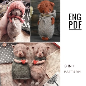 May include: Three crochet amigurumi bear patterns in one PDF download. The bears are brown, gray, and green with red hearts. The pattern is available in English.