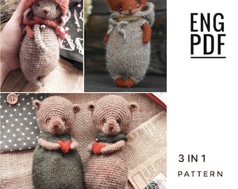 3 crochet patterns in 1 : Bear and bunny, Fox, Mouse crochet patterns. PDF. English. Digital product
