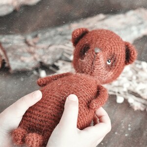 Op de afbeelding: Een handgemaakte, roodbruine gehaakte teddybeer met kleine, ronde oren en een gestikte neus. De beer wordt in de handen van een persoon gehouden, met een vage achtergrond van gedroogde bloemen en bladeren.