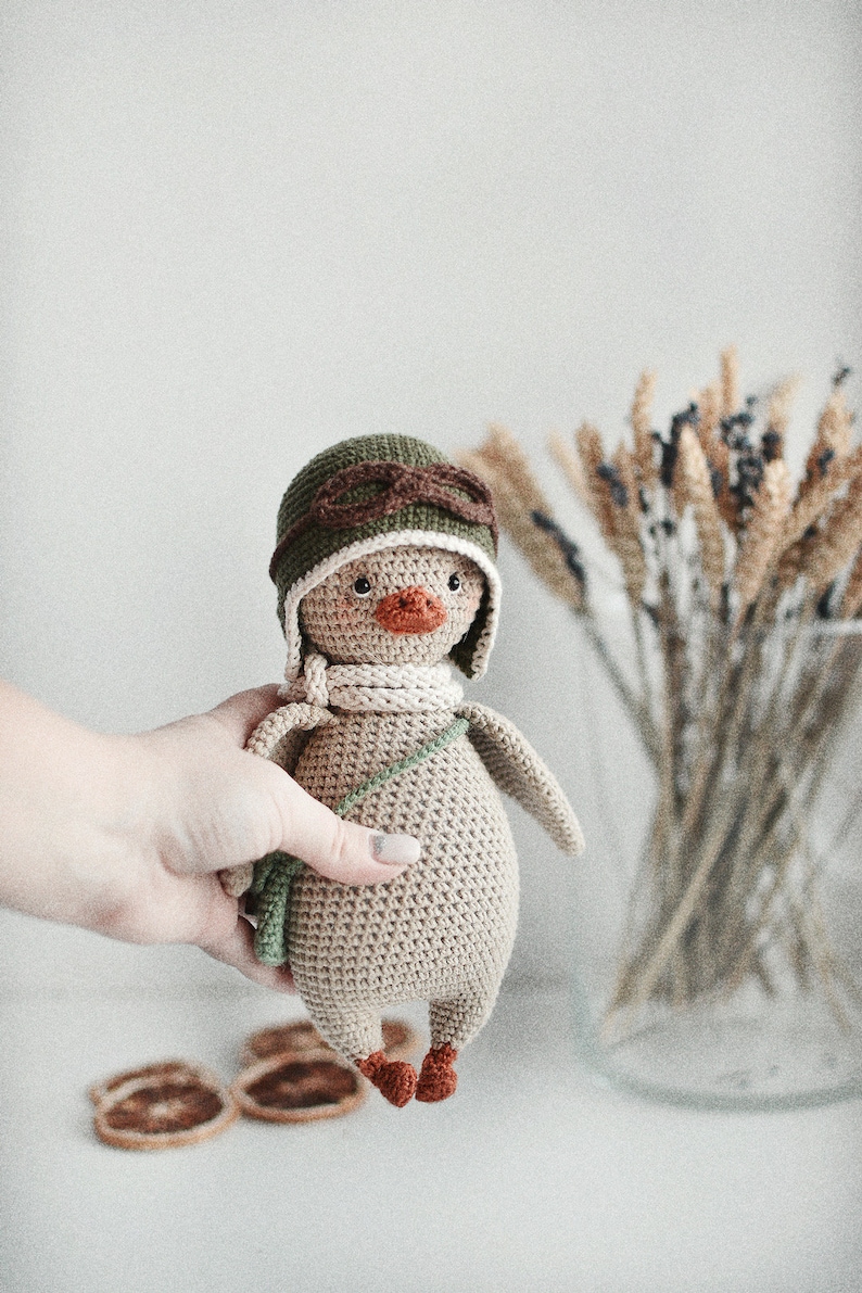 Pode incluir: Um pato de brinquedo de croch&ecirc; vestindo um chap&eacute;u de aviador verde com &oacute;culos marrons e um cachecol branco. O pato est&aacute; segurando uma bolsa de croch&ecirc; verde.