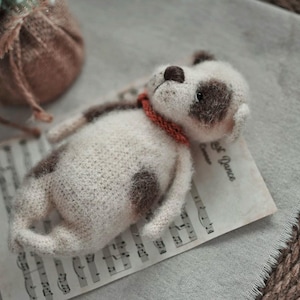 May include: A white and brown crocheted dog toy with a red collar lying on a sheet of music with the text "First Dance" printed on it.