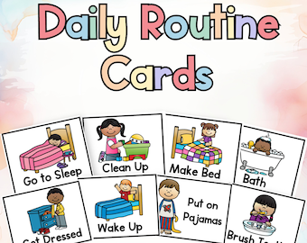 Puede incluir: Un conjunto de ocho tarjetas coloridas con ilustraciones de rutinas diarias para niños pequeños y preescolares. Las tarjetas presentan actividades como irse a dormir, limpiar, hacer la cama, bañarse, vestirse, despertarse, ponerse el pijama y cepillarse los dientes.