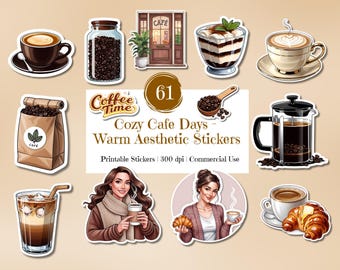 Pegatinas de cafetería acogedora: café, pasteles y ambiente cálido (descarga digital)