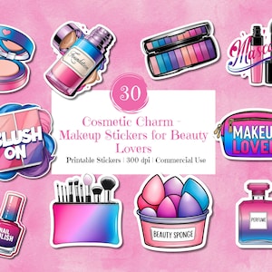 Makeup Sticker Bundle: 30 PNG Glam Stickers (Commercial Use, Instant Download)