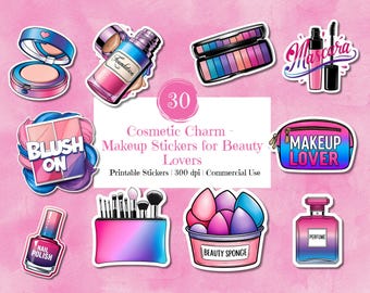 Makeup Sticker Bundle: 30 PNG Glam Stickers (Commercial Use, Instant Download)