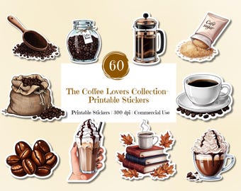 Coffee Lovers Sticker Bundle: 60 PNG Stickers, Commercial Use (Digital Download)