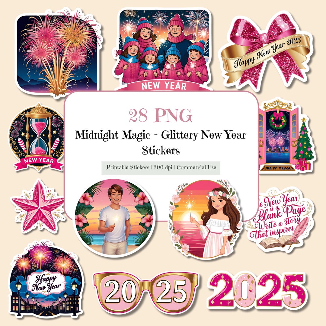 Years Sticker Bundle New Year Sticker Bundle Printable Stickers 28 Pre-cropped PNG Stickers ...